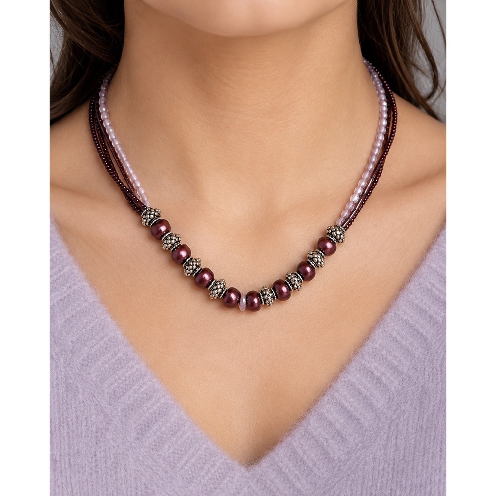Purple Multi Strand Beaded Necklace Faux Pearl Silver Tone Statement Jewelry
